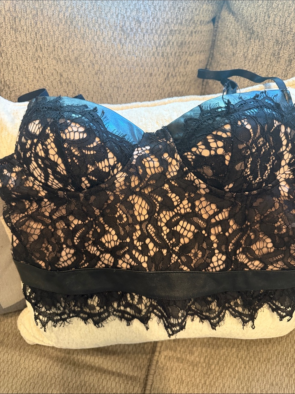 Haute Monde Black Lace Longline Bustier Crop Top with Scalloped Hem